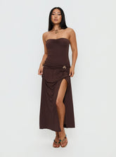 Alexe Strapless Ruched Maxi Dress Chocolate
