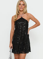 Cassy Necklace Halter Mini Dress Black