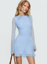 Evita Long Sleeve Pleat Mini Dress Sky Blue