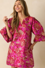 Gilded Garden Hot Pink Floral Jacquard Mini Dress