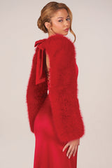 Faux Fur Tie-Up Sleeves in Rose Red