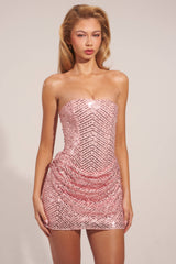 Embellished Draped Strapless A-Line Mini Dress in Blush Pink