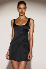 Embellished Scoop-Neck Fitted Mini Dress in Black