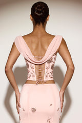 Embellished Draped Lace-Up Corset Top in Pink