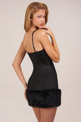 Satin Square-Neck Corset Faux-Fur Mini Dress in Black