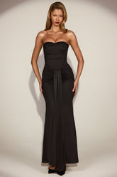 Satin Peekaboo Bandeau Draped Gown in Black