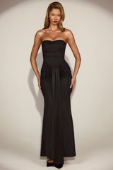 Satin Peekaboo Bandeau Draped Gown in Black