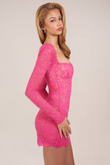 Sheer Scalloped-Lace Long-Sleeve Mini Dress in Hot Pink