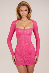 Sheer Scalloped-Lace Long-Sleeve Mini Dress in Hot Pink