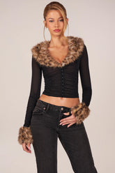 Faux Fur-Trim Sheer Mesh Cardigan in Black