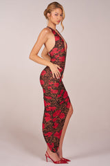 Halterneck Split Hem Midaxi Dress in Rose Leopard Print