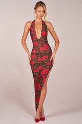 Halterneck Split Hem Midaxi Dress in Rose Leopard Print