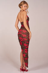 Halterneck Split Hem Midaxi Dress in Rose Leopard Print
