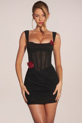 Corseted Draped Skirt Mini Dress in Black