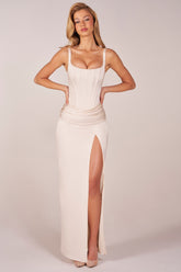 Corseted Thigh-High Split Maxi Dress in Ivory