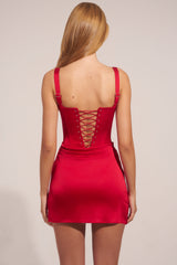 Premium Satin Sweetheart-Neck A-Line Mini Dress in Rose Red