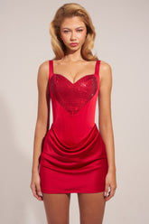 Premium Satin Sweetheart-Neck A-Line Mini Dress in Rose Red