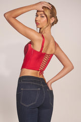 Sweetheart-Neck Lace-Up Corset Top in Rose Red