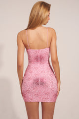Heart-Shaped Pearl Embellished Mini Dress in Pink