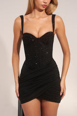 Corseted Draped Mini Dress in Black