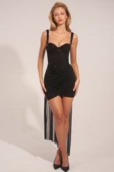 Corseted Draped Mini Dress in Black