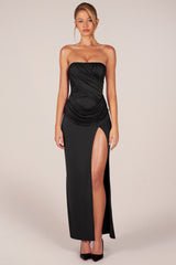 Bandeau Draped Thigh-High Maxi Dress in Black