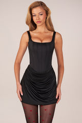 Lace-Up Draped Mini Dress in Black