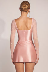 Long-Sleeve Draped Mini Dress in Blush Pink