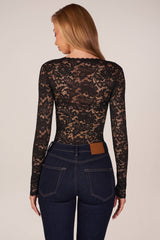Long-Sleeve Laced Bodysuit in Black