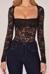 Long-Sleeve Laced Bodysuit in Black