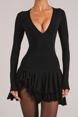V-Neck Ruffle Skirt Mini Dress in Black