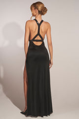 Cowl-Neck Thigh-High Gown in Black
