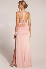 Cowl-Neck Thigh-High Gown in Blush Pink