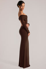 Off-Shoulder Long-Sleeve Maxi Dress in Chocolate Brown