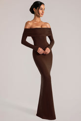 Off-Shoulder Long-Sleeve Maxi Dress in Chocolate Brown