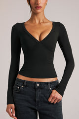 V-Neck Long-Sleeve Top in Black