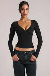 V-Neck Long-Sleeve Top in Black