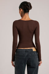 V-Neck Long-Sleeve Top in Chocolate Brown