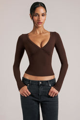 V-Neck Long-Sleeve Top in Chocolate Brown
