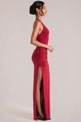 Deep Plunge Halterneck Maxi Dress in Cherry Red