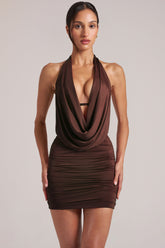 Draped Cowl Mini Dress in Chocolate Brown