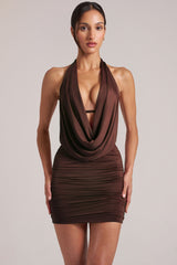 Draped Cowl Mini Dress in Chocolate Brown