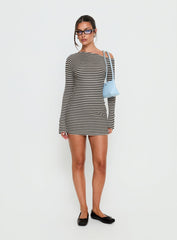 Journi Off Shoulder Long Sleeve Mini Dress Black / White Stripe