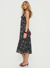 Kenadi Lace Bias Midi Dress Black Floral