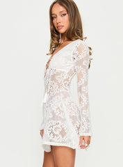 Gold Dust Crochet Tie-Up Mini Dress Cream
