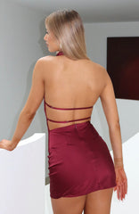 Just Small Talk Halter Mini Dress Wine