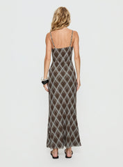 Idaline V Neck Maxi Dress Brown Check