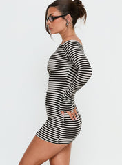 Journi Off Shoulder Long Sleeve Mini Dress Black / White Stripe