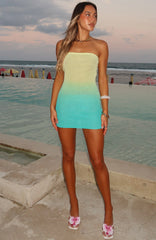 Hotter Than The Sun Crochet Mini Dress Lemon/Teal Ombre