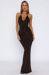 Waste A Moment Halter Maxi Dress Chocolate